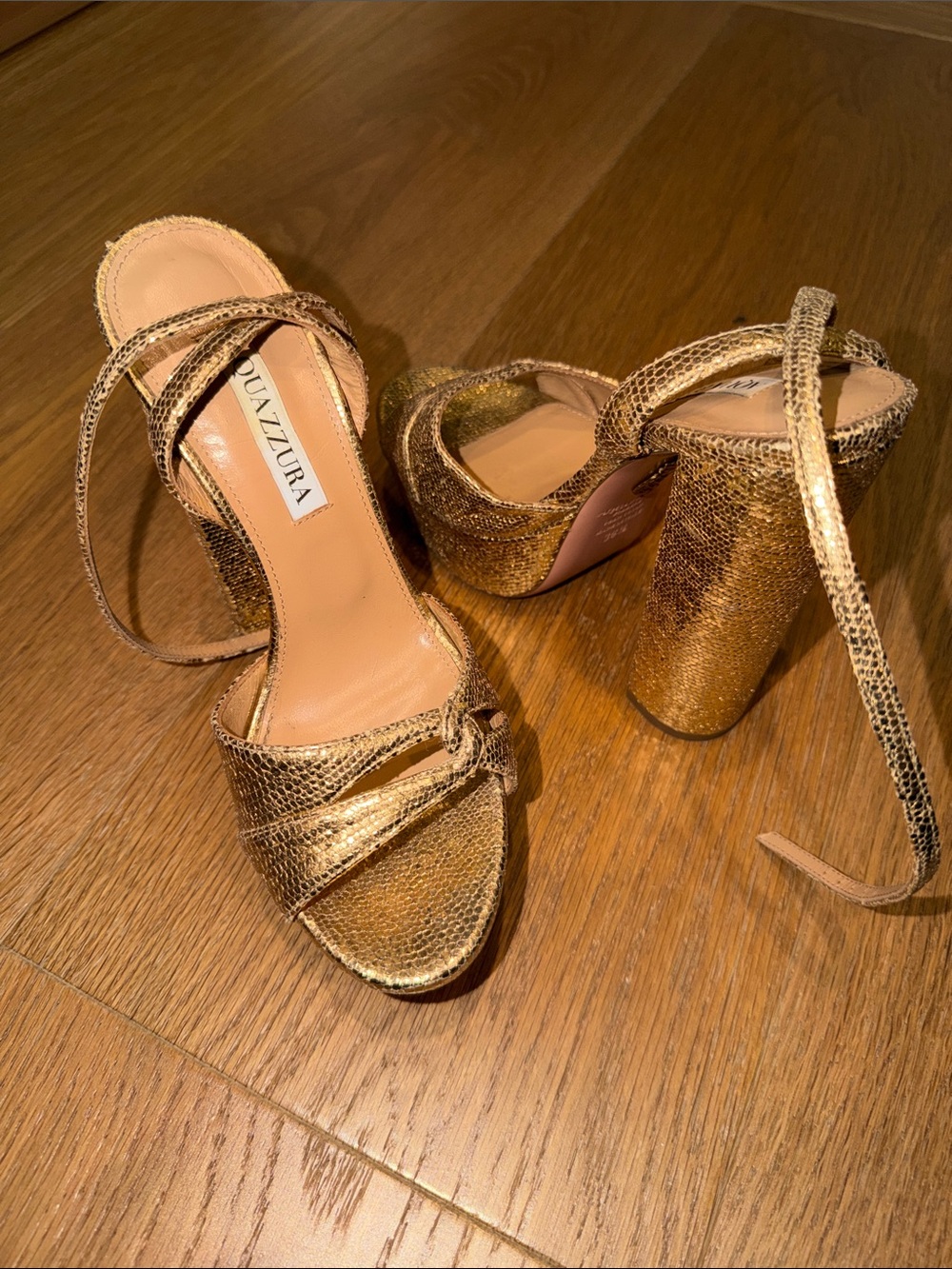 Aquazzura Gold Metallic High Block Heel Ankle-Tie Sandals